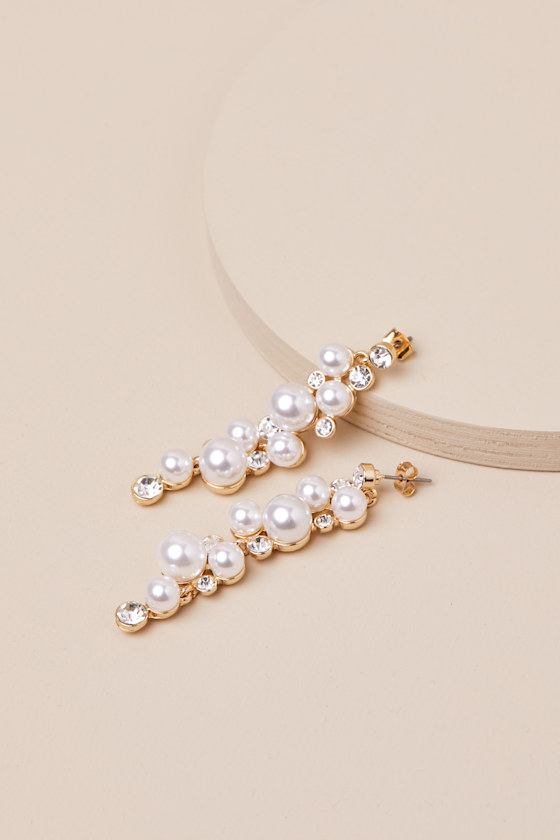 LULUS ELOQUENT STATUS GOLD PEARL AND RHINESTONE DROP EARRINGS