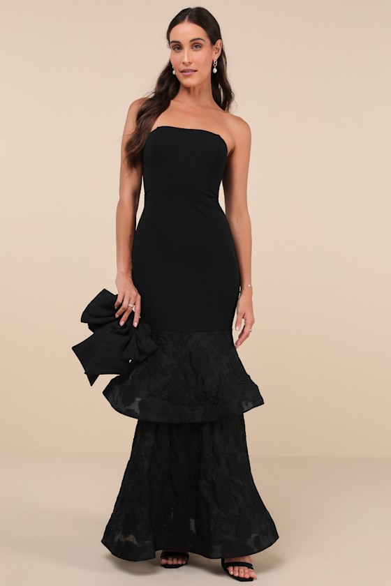 Lulus Immense Drama Black Strapless Tiered Jacquard Maxi Dress In Black