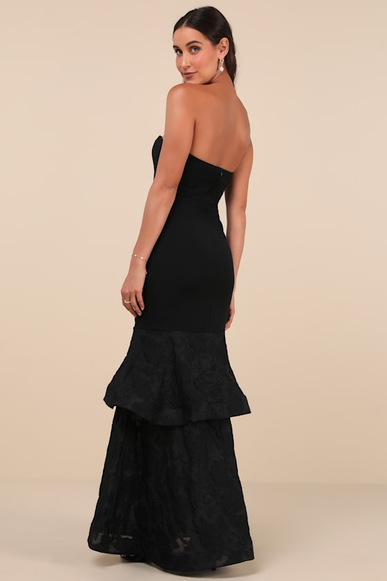 Lulus Immense Drama Black Strapless Tiered Jacquard Maxi Dress In Black