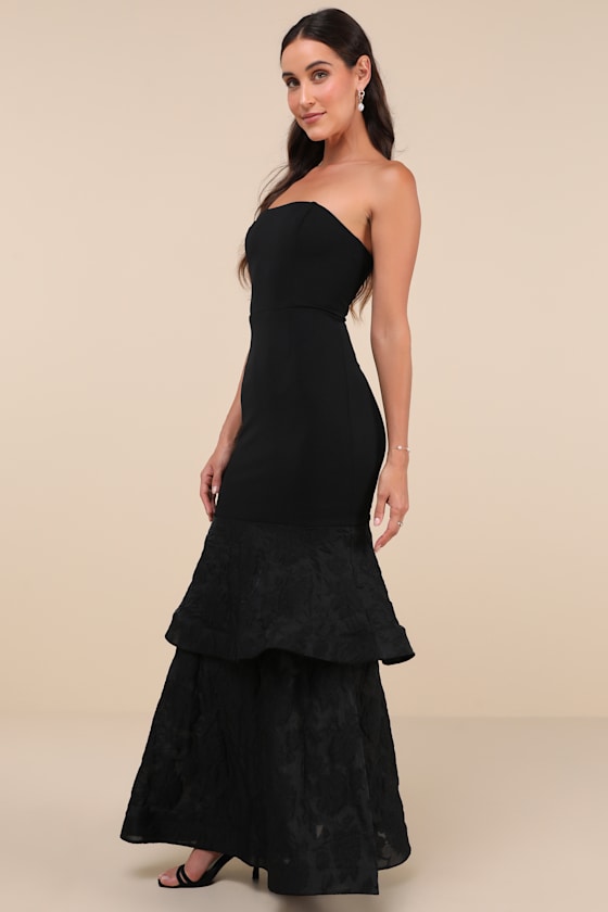 Immense Drama Black Strapless Tiered Jacquard Maxi Dress 4