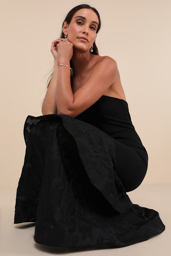 Lulus Immense Drama Black Strapless Tiered Jacquard Maxi Dress In Black