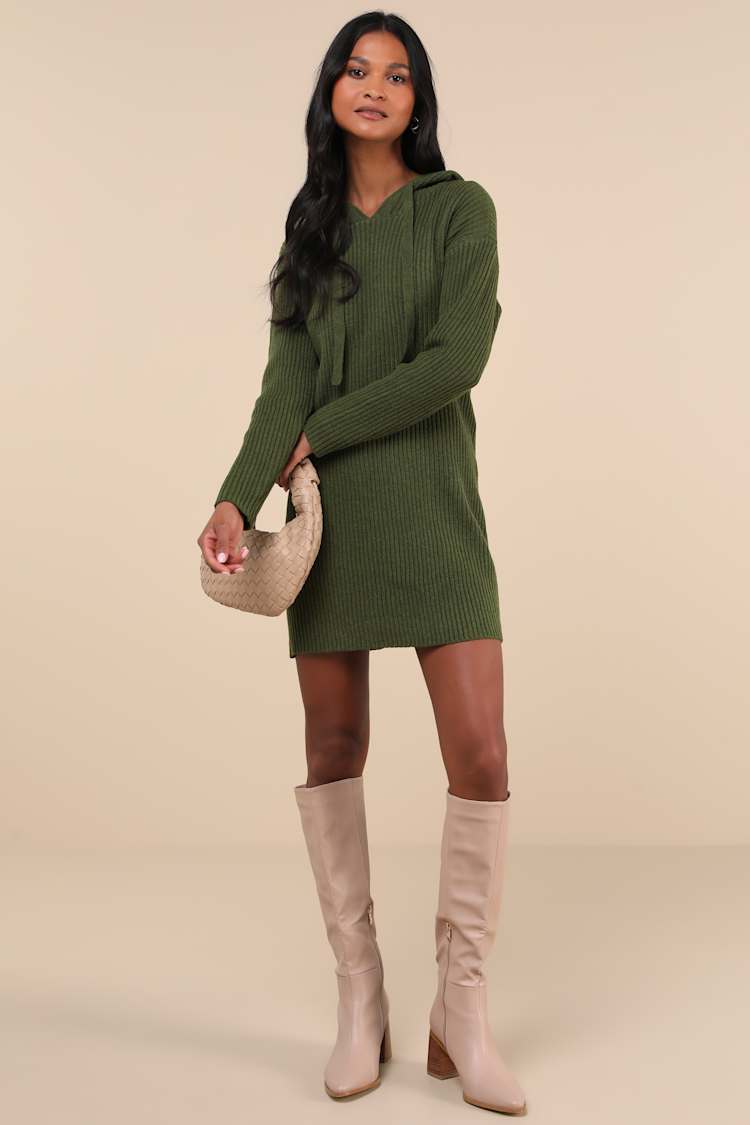 Snuggly Option Olive Green Hooded Mini Sweater Dress