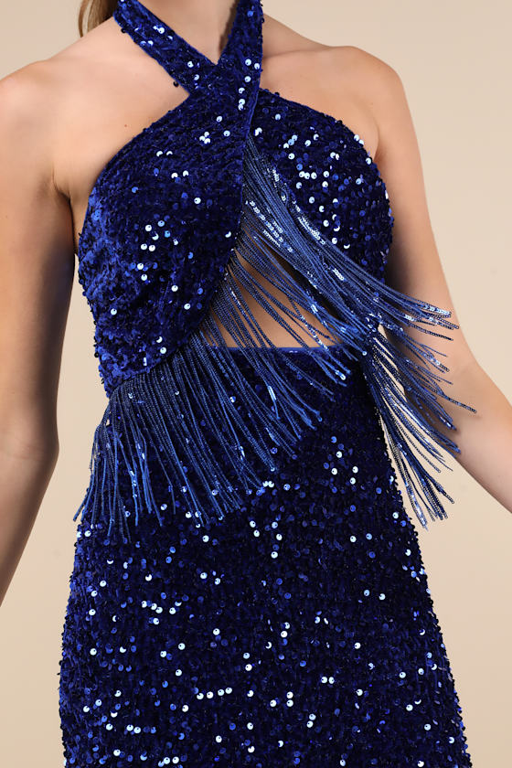 Lulus Elevated Dazzle Blue Velvet Sequin Fringe Halter Mini Dress In Blue