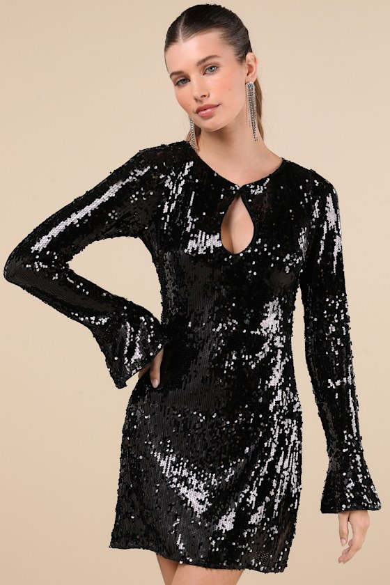 Lulus Fabulous Sparkle Black Sequin Cutout Long Sleeve Mini Dress In Black