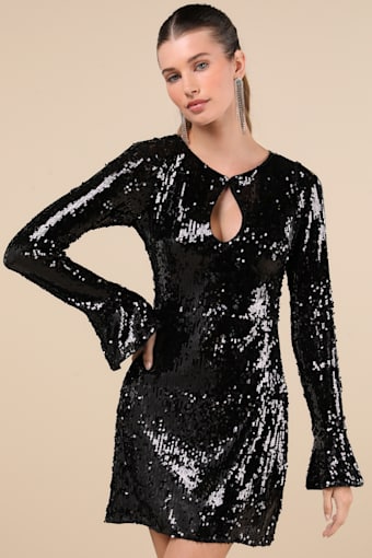 Fabulous Sparkle Black Sequin Cutout Long Sleeve Mini Dress 2