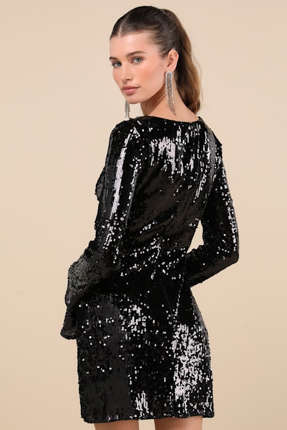 Lulus Fabulous Sparkle Black Sequin Cutout Long Sleeve Mini Dress In Black