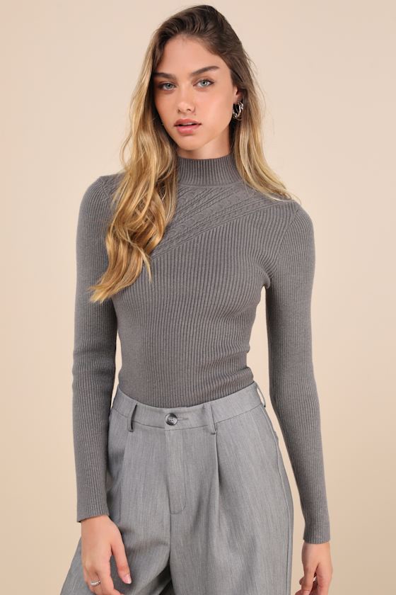 Curated Forecast Charcoal Grey Ribbed Mock Neck Sweater Top 1