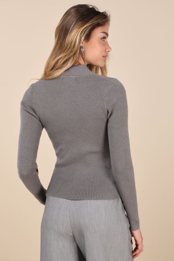 Charcoal Grey Sweater Top - Ribbed Mock Neck Top - Knit Top
