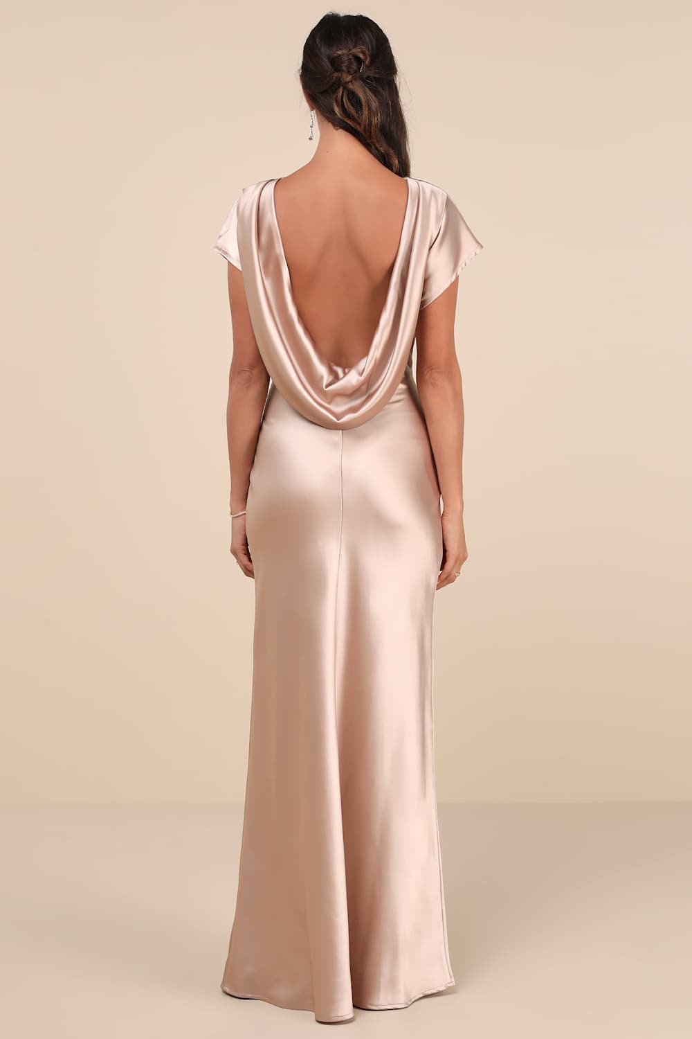 Captivating Presence Champagne Satin Cowl Back Maxi Dress