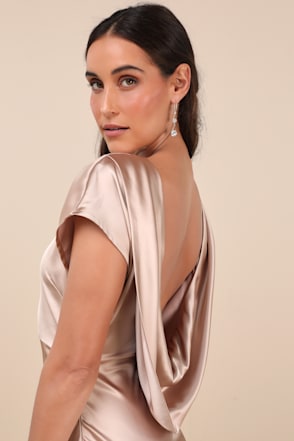 Champagne Satin Maxi Dress - Cowl Back Dress - Cap Sleeve Dress - Lulus
