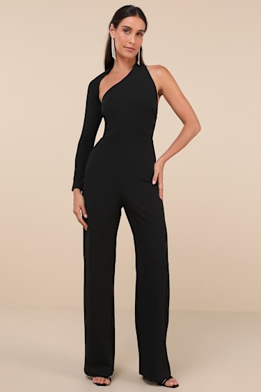 Black Jumpsuit One-Shoulder Jumpsuit Long Sleeve Jumpsuit Lulus