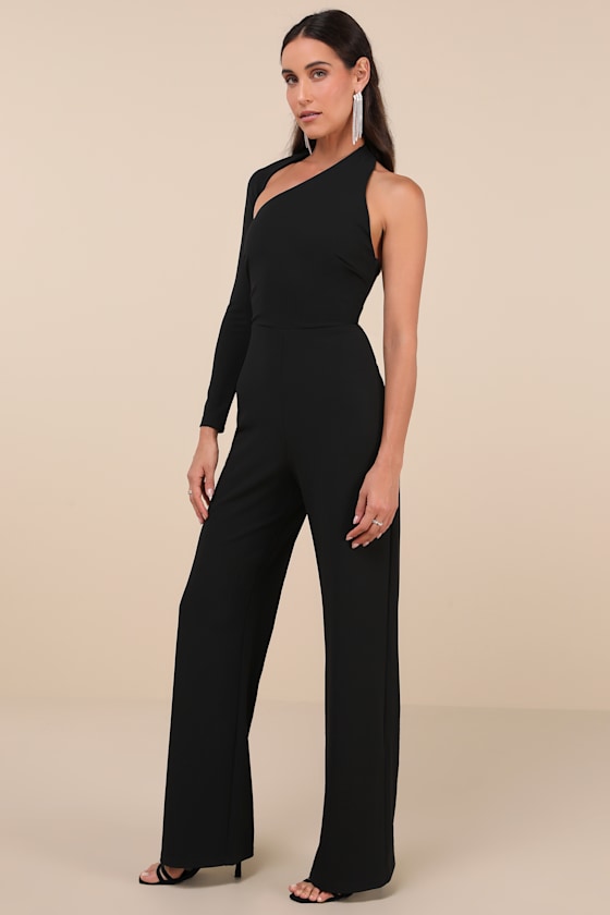 LULUS EXCEPTIONAL INVITE BLACK LONG SLEEVE ONE-SHOULDER JUMPSUIT 