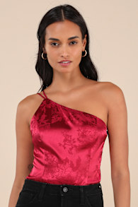 Desirable Dream Wine Red Satin Jacquard One-Shoulder Bodysuit 1