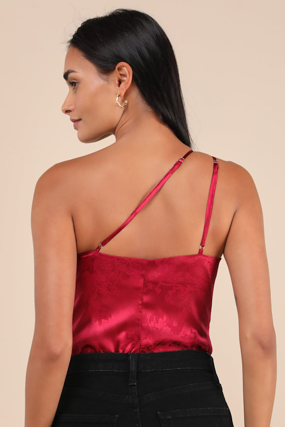 Lulus Desirable Dream Wine Red Satin Jacquard One-shoulder Bodysuit In Wine Red