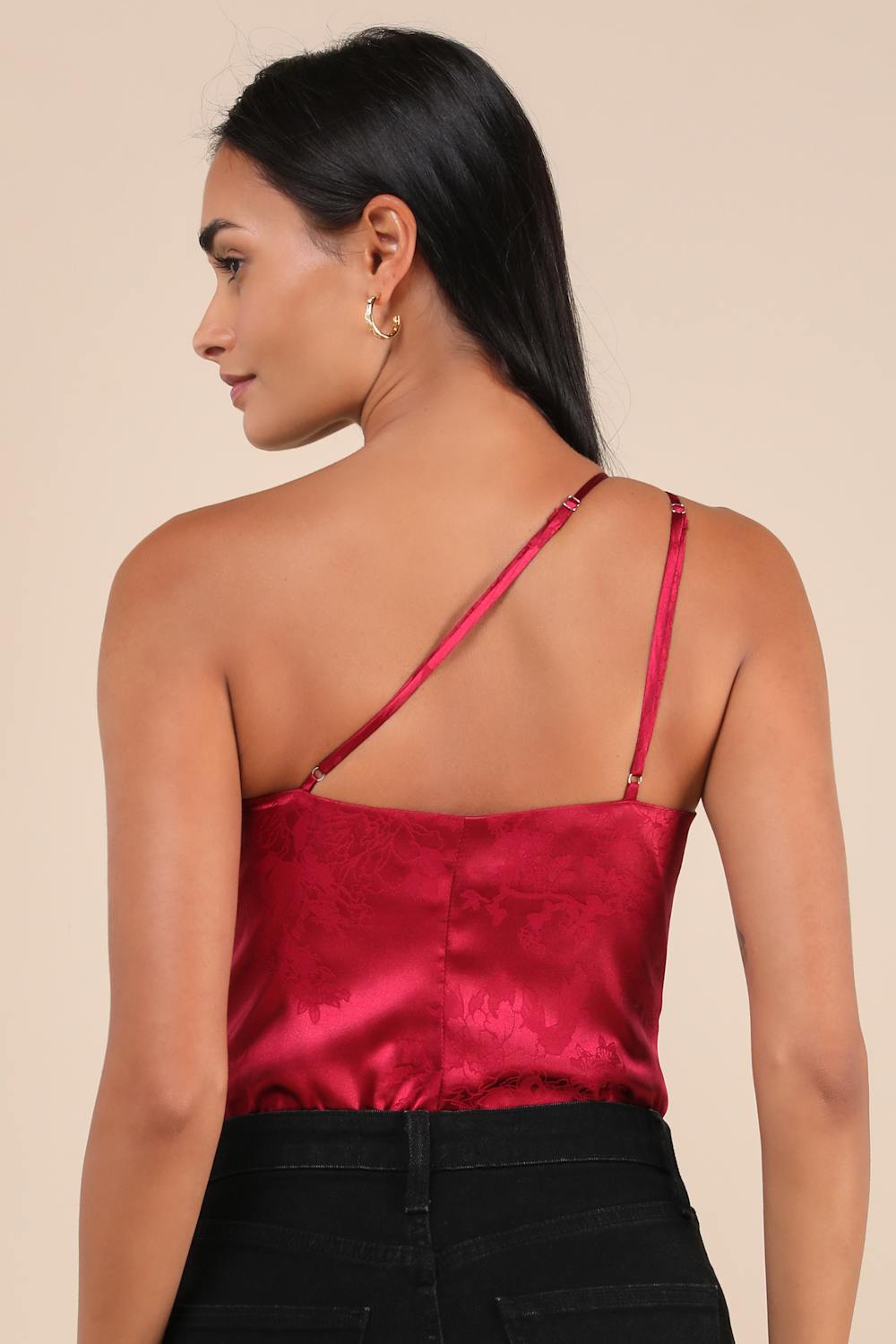 Desirable Dream Wine Red Satin Jacquard One-Shoulder Bodysuit