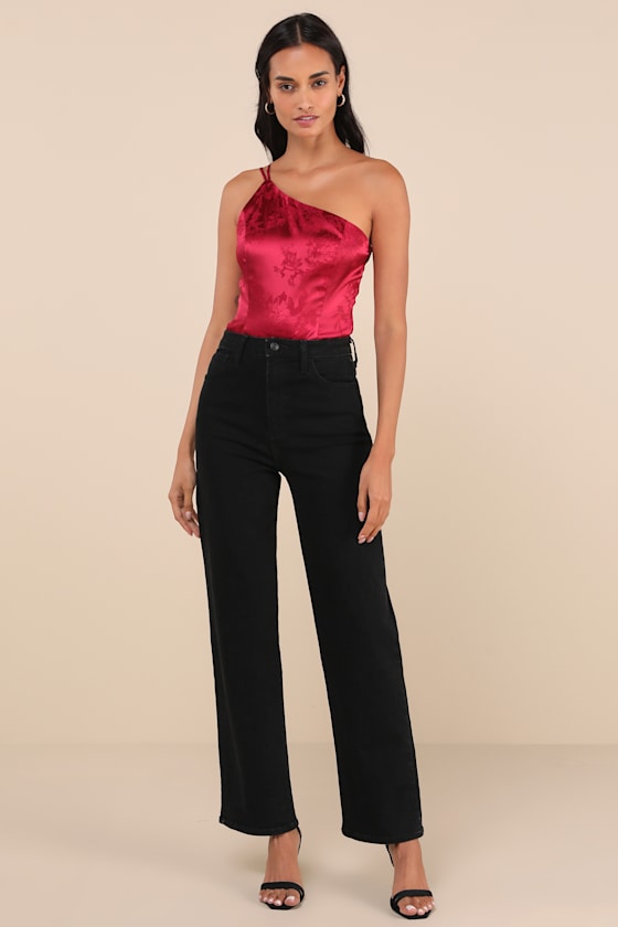 Lulus Desirable Dream Wine Red Satin Jacquard One-shoulder Bodysuit In Wine Red
