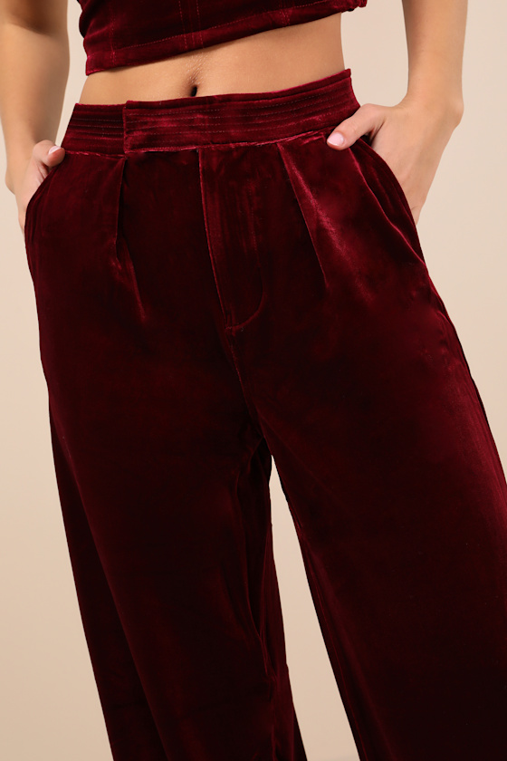 Blanknyc Sneak Peak Burgundy Velvet High Rise Trouser Pants In Burgundy