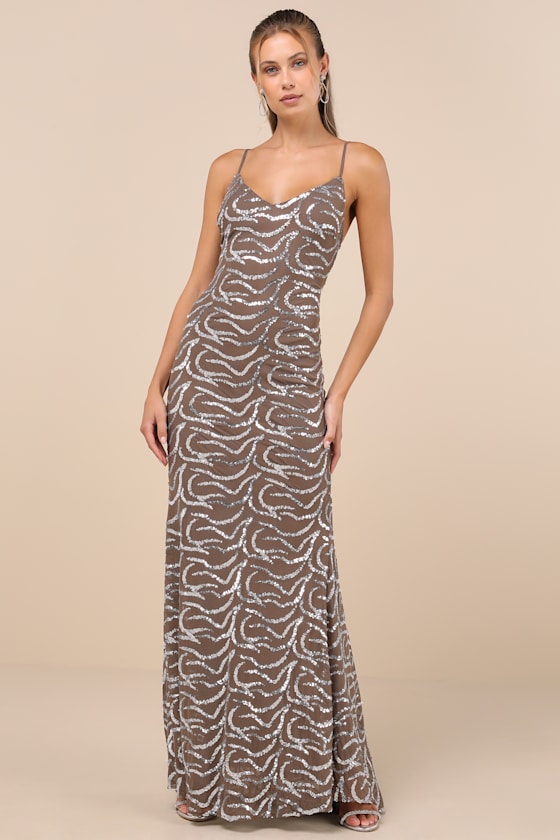 LULUS MESMERIZING DEMEANOR TAUPE SEQUIN BACKLESS MERMAID MAXI DRESS