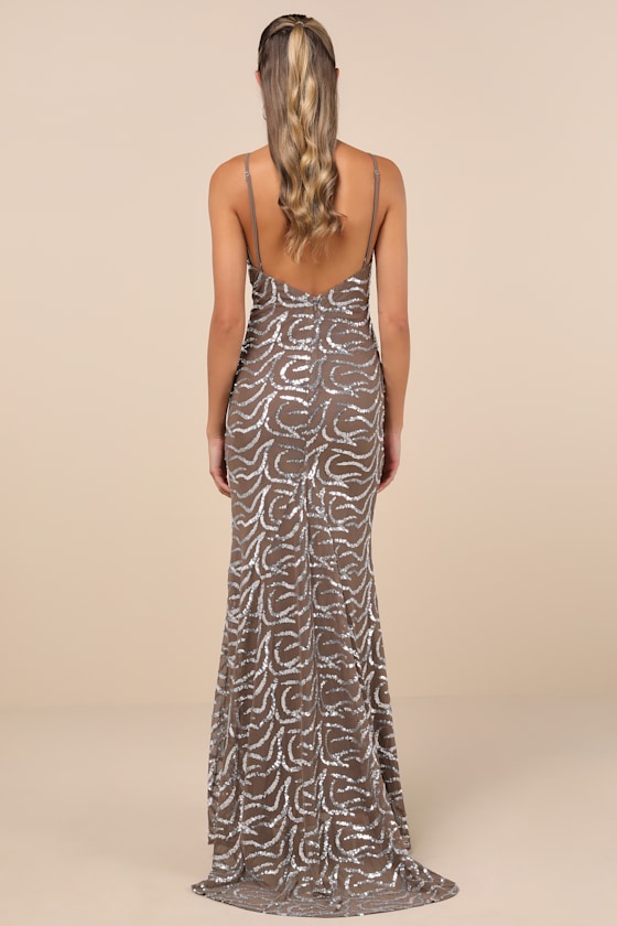 Mesmerizing Demeanor Taupe Sequin Backless Mermaid Maxi Dress 3
