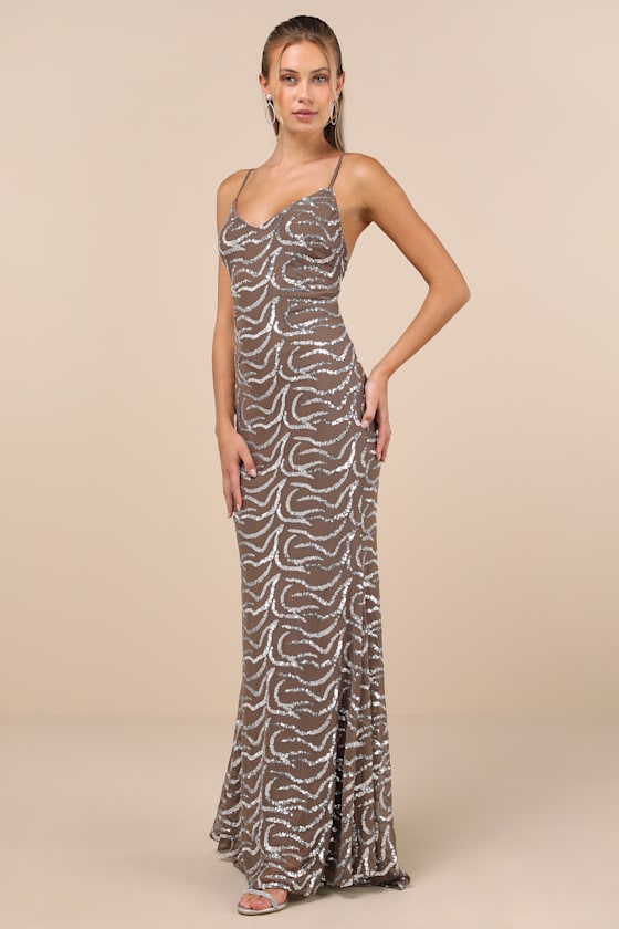 Mesmerizing Demeanor Taupe Sequin Backless Mermaid Maxi Dress 4