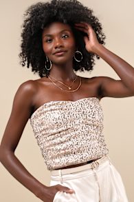 My Favorite Sparkle Rose Gold Sequin Ruched Strapless Crop Top 1