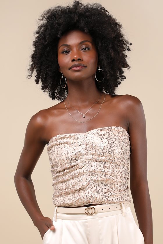Lulus My Favorite Sparkle Rose Gold Sequin Ruched Strapless Crop Top In Rose Gold