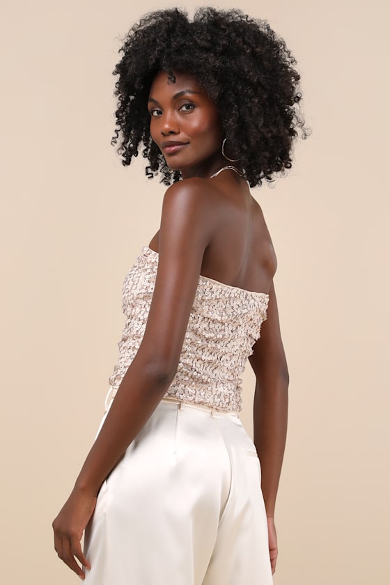 Lulus My Favorite Sparkle Rose Gold Sequin Ruched Strapless Crop Top In Rose Gold