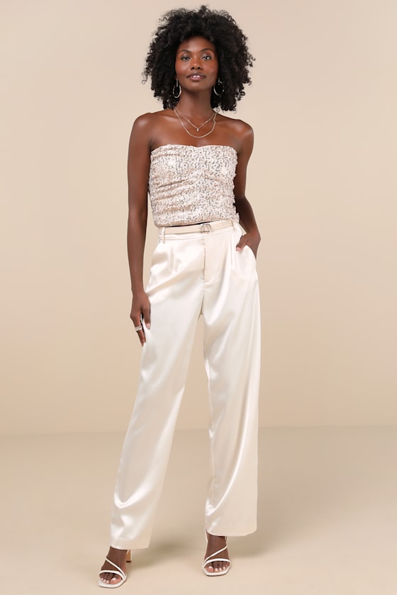 Lulus My Favorite Sparkle Rose Gold Sequin Ruched Strapless Crop Top In Rose Gold