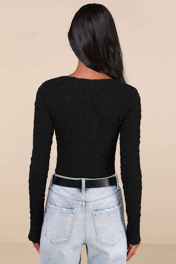 LULUS EASY SELECTION BLACK TEXTURED LONG SLEEVE NOTCH NECK BODYSUIT