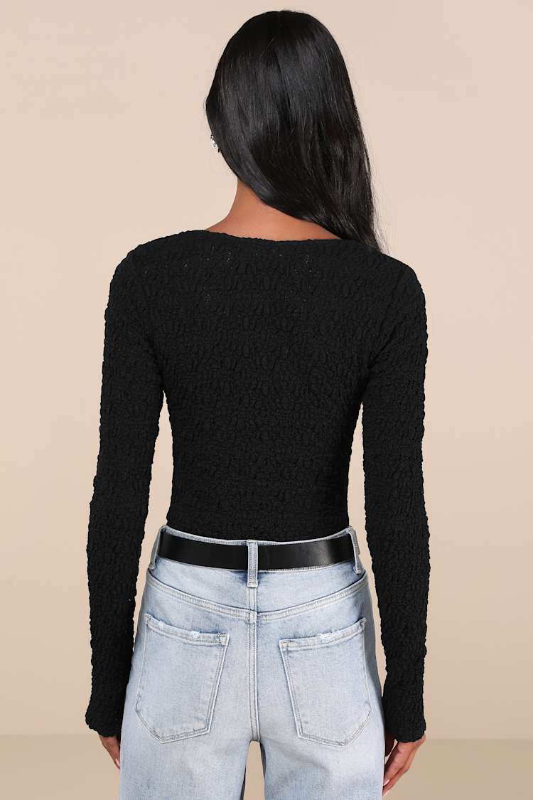 Easy Selection Black Textured Long Sleeve Notch Neck Bodysuit