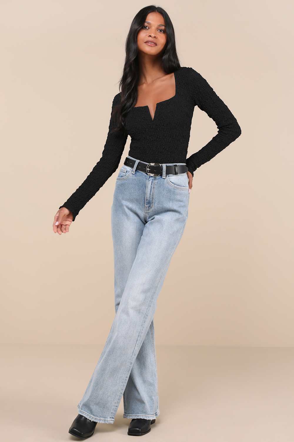 Easy Selection Black Textured Long Sleeve Notch Neck Bodysuit