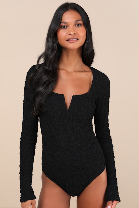 LULUS EASY SELECTION BLACK TEXTURED LONG SLEEVE NOTCH NECK BODYSUIT