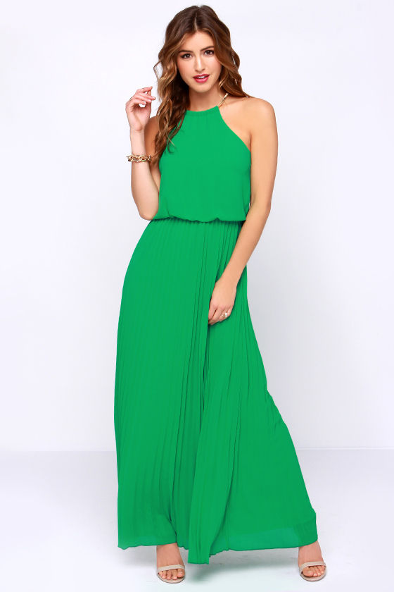 pleated green maxi dress