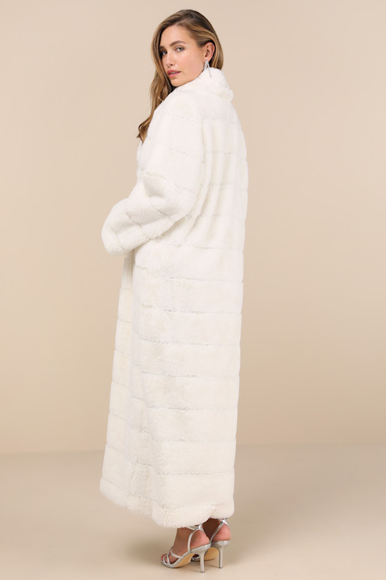 White Quilted Faux Fur Coat - Longline Coat - Collared Fuzzy