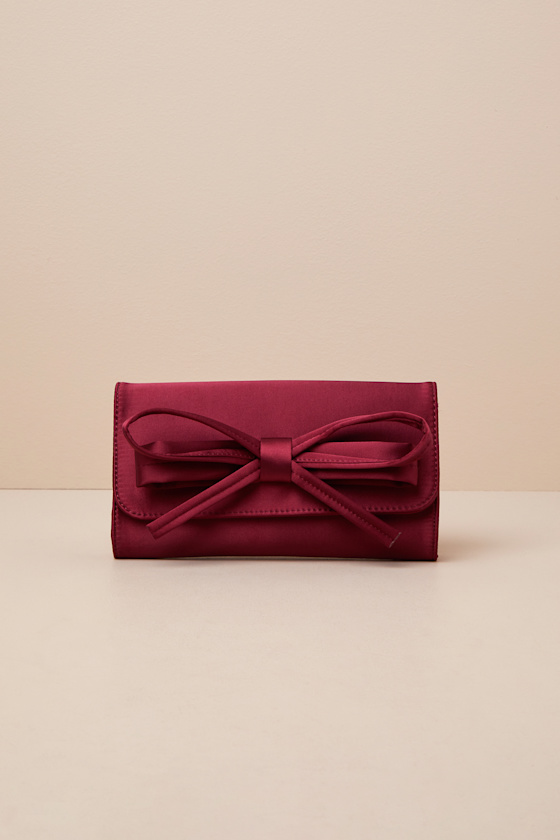 Precisely Dreamy Wine Red Satin Bow Clutch 1