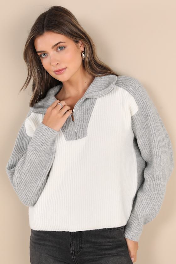 Ideally Cozy Ivory and Grey Color Block Quarter-Zip Sweater 1