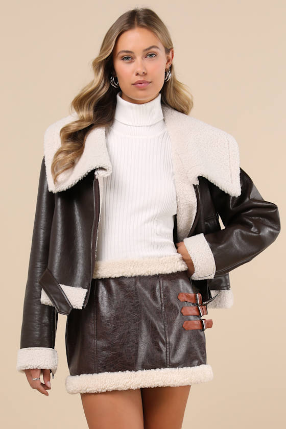 Flirty in Fall Dark Brown Vegan Leather Faux Fur Mini Skirt 1