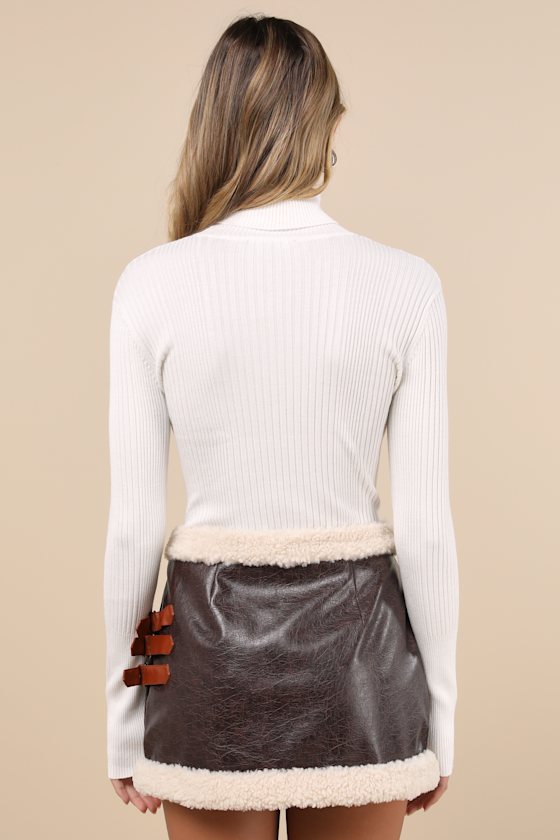 Lulus Flirty In Fall Dark Brown Vegan Leather Faux Fur Mini Skirt In Brown