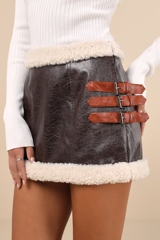 Lulus Flirty In Fall Dark Brown Vegan Leather Faux Fur Mini Skirt In Brown