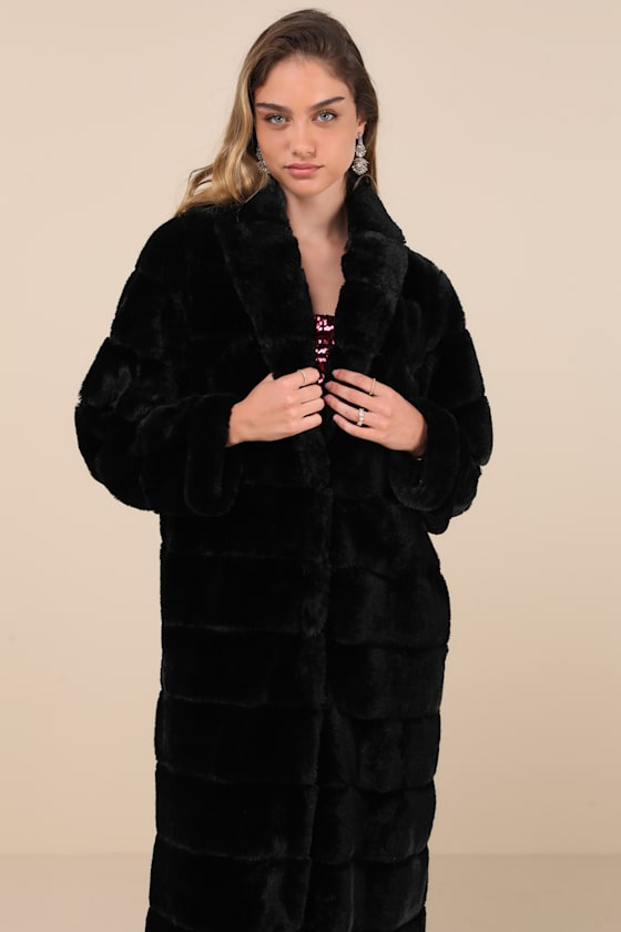 Lulus Fantastically Cozy Black Quilted Faux Fur Long Coat In Black