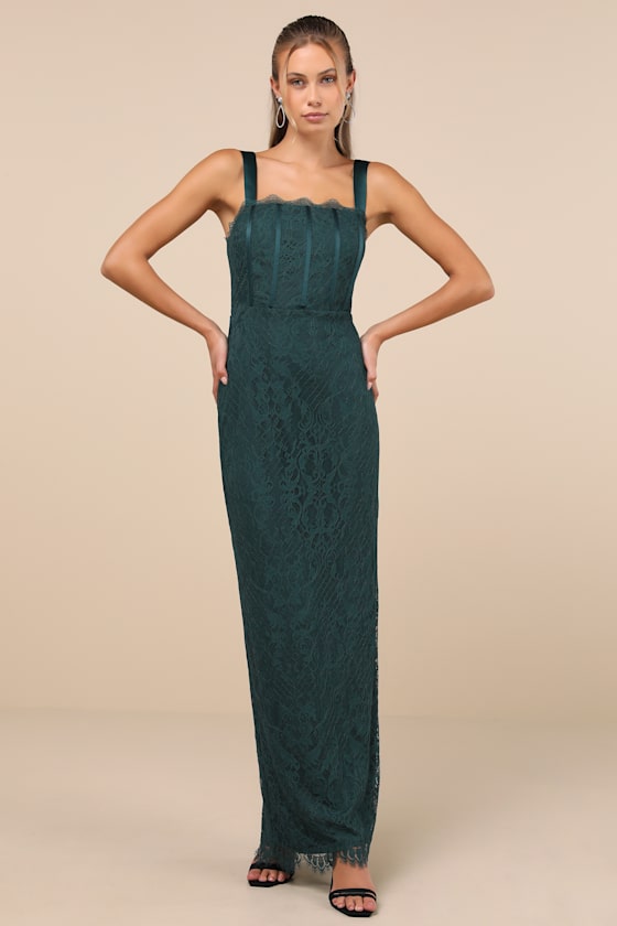 Green Lace Maxi Dress - Bustier Maxi Dress - Column Maxi