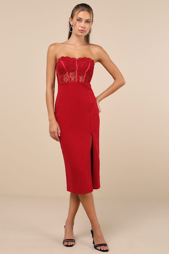 LULUS EXQUISITELY SULTRY WINE RED LACE STRAPLESS BUSTIER MIDI DRESS