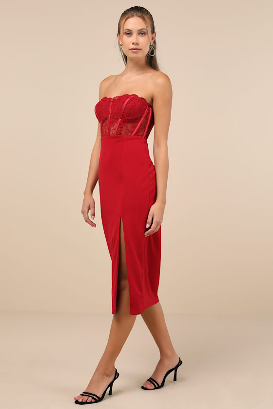LULUS EXQUISITELY SULTRY WINE RED LACE STRAPLESS BUSTIER MIDI DRESS