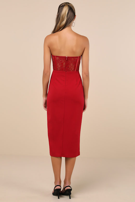 LULUS EXQUISITELY SULTRY WINE RED LACE STRAPLESS BUSTIER MIDI DRESS