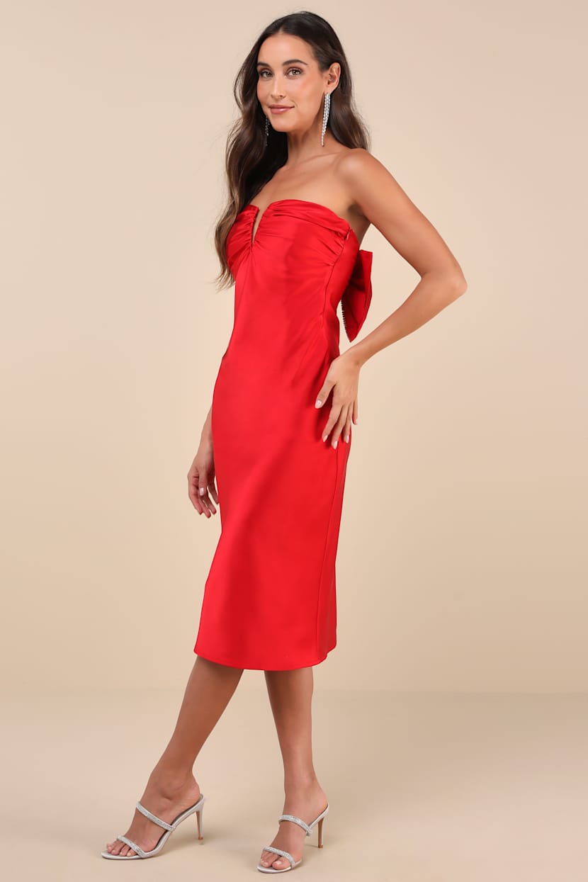Red Satin Dress - Strapless Midi Dress - Rhinestone Bow Dress - Lulus