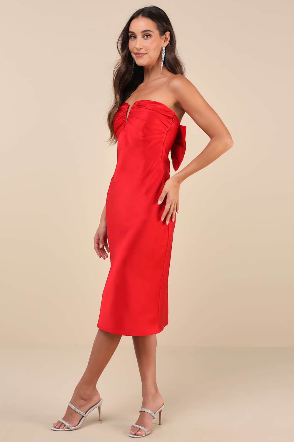 Luxe Crush Red Satin Rhinestone Bow Strapless Midi Dress