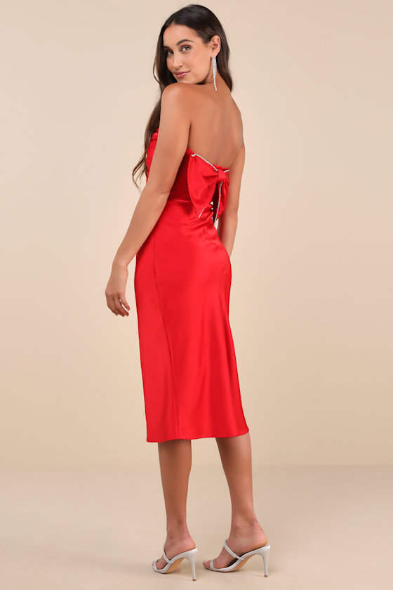 Lulus Luxe Crush Red Satin Rhinestone Bow Strapless Midi Dress In Red