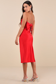 Luxe Crush Red Satin Rhinestone Bow Strapless Midi Dress 5