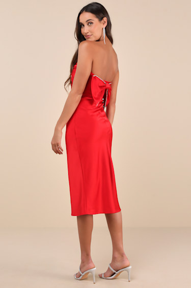 Red Satin Rhinestone Bow Strapless Midi Dress | Womens | Small (Available in M, L) | 100% Polyester | Lulus | Holiday Dresses Red Satin Rhinestone Bow Strapless Midi Dress | Womens | Small (Available in M, L) | 100% Polyester | Lulus | Holiday Dresses