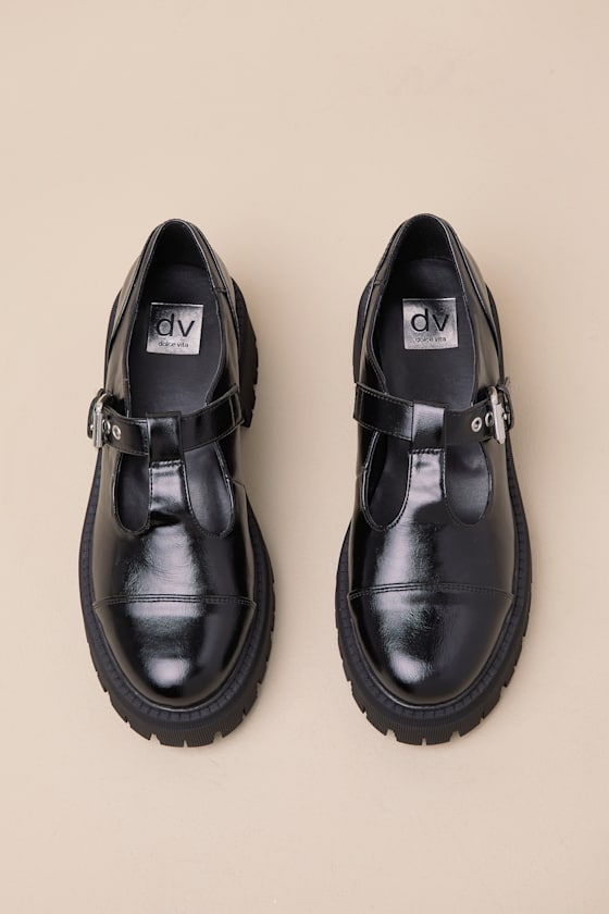 Dolce Vita Georgio Black Lug Sole T-strap Loafers In Black